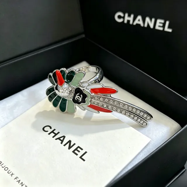 Chanel Camellia Floral Enamel and Pavé Crystal Ring 7