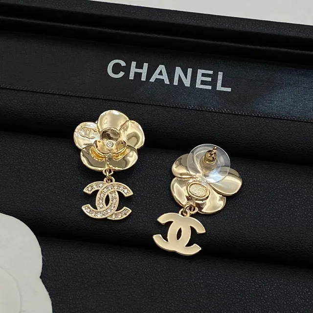 Chanel Camellia Flower Gold-Tone Crystal Earrings 2