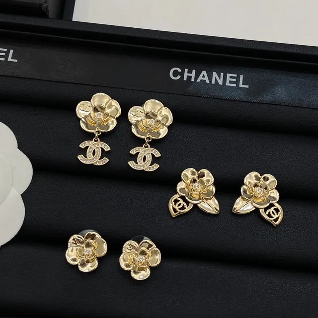 Chanel Camellia Flower Gold-Tone Crystal Earrings 6