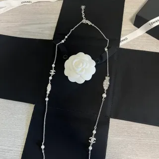 Chanel Camellia Necklace Silver White Chain Pearl Accents Necklace