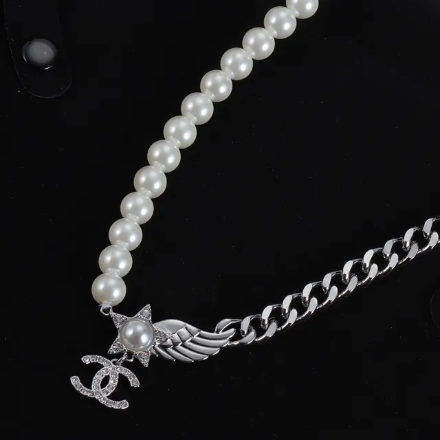Chanel Camellia Pearl Necklace White Silver Strand Curb Chain Necklace 2