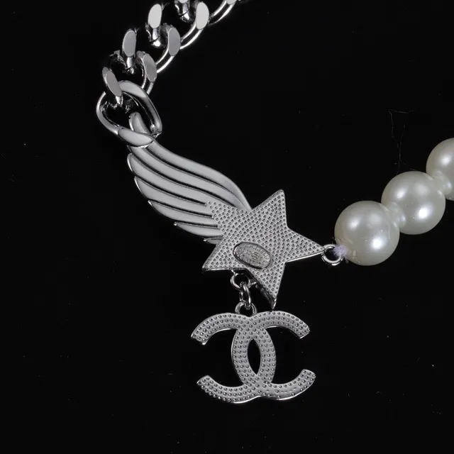 Chanel Camellia Pearl Necklace White Silver Strand Curb Chain Necklace 4