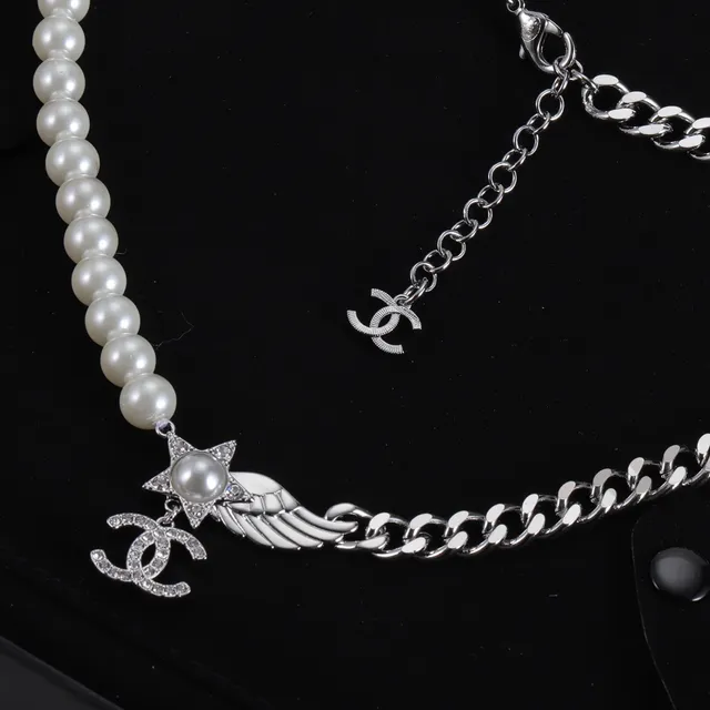 Chanel Camellia Pearl Necklace White Silver Strand Curb Chain Necklace 5