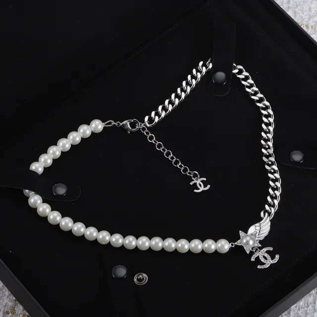 Chanel Camellia Pearl Necklace White Silver Strand Curb Chain Necklace 6