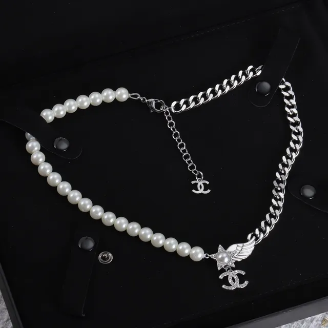 Chanel Camellia Pearl Necklace White Silver Strand Curb Chain Necklace 7