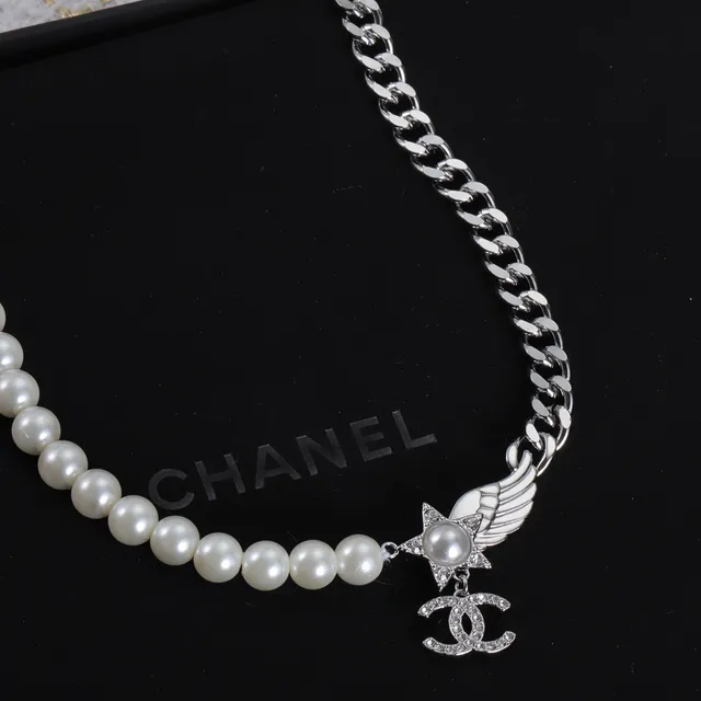 Chanel Camellia Pearl Necklace White Silver Strand Curb Chain Necklace 8