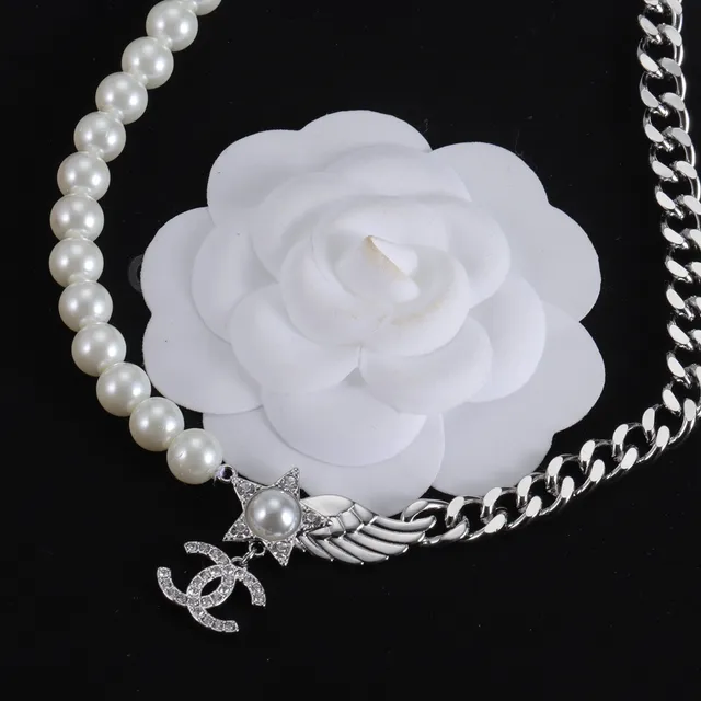 Chanel Camellia Pearl Necklace White Silver Strand Curb Chain Necklace 9