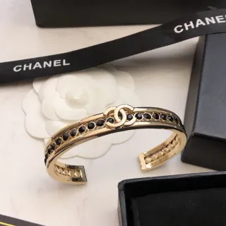Chanel CC Bracelet Gold Black Rigid Cuff Pavé Crystal Band Bracelet