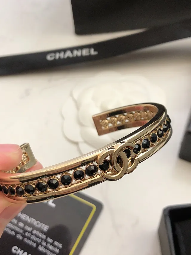 Chanel CC Bracelet Gold Black Rigid Cuff Pavé Crystal Band Bracelet 3