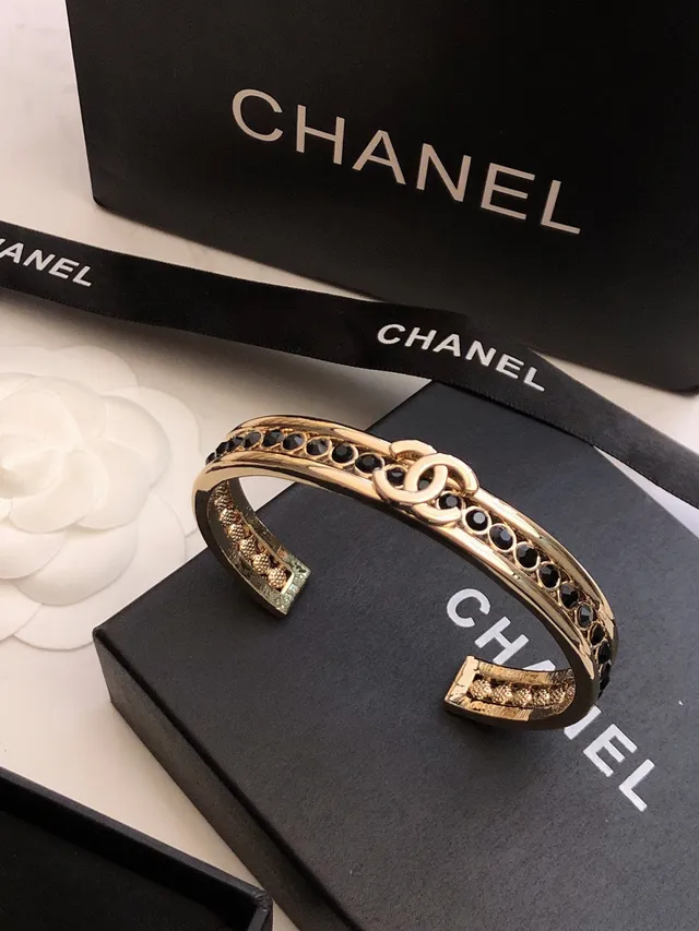 Chanel CC Bracelet Gold Black Rigid Cuff Pavé Crystal Band Bracelet 4