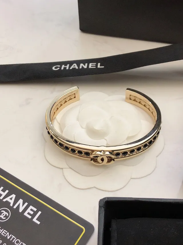 Chanel CC Bracelet Gold Black Rigid Cuff Pavé Crystal Band Bracelet 5
