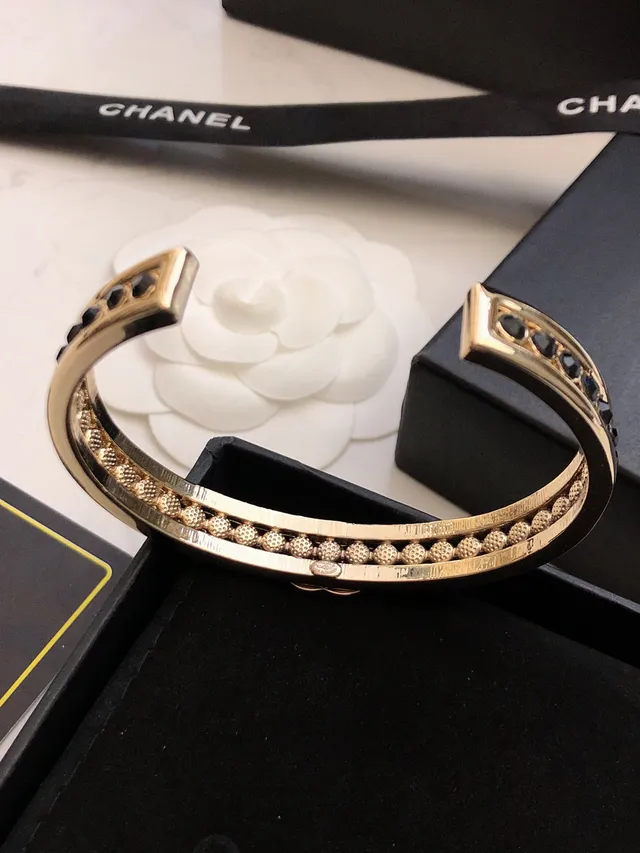 Chanel CC Bracelet Gold Black Rigid Cuff Pavé Crystal Band Bracelet 7