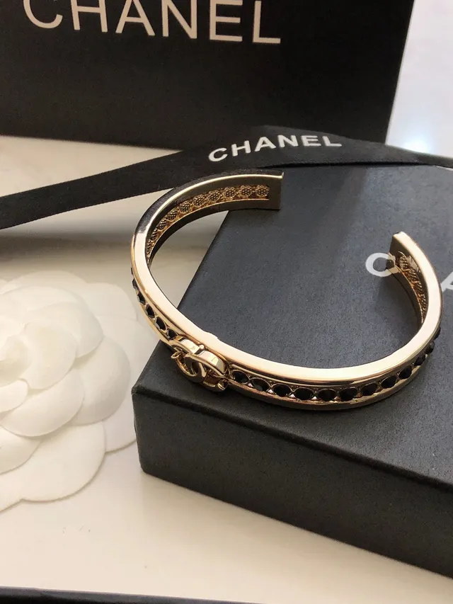 Chanel CC Bracelet Gold Black Rigid Cuff Pavé Crystal Band Bracelet 8