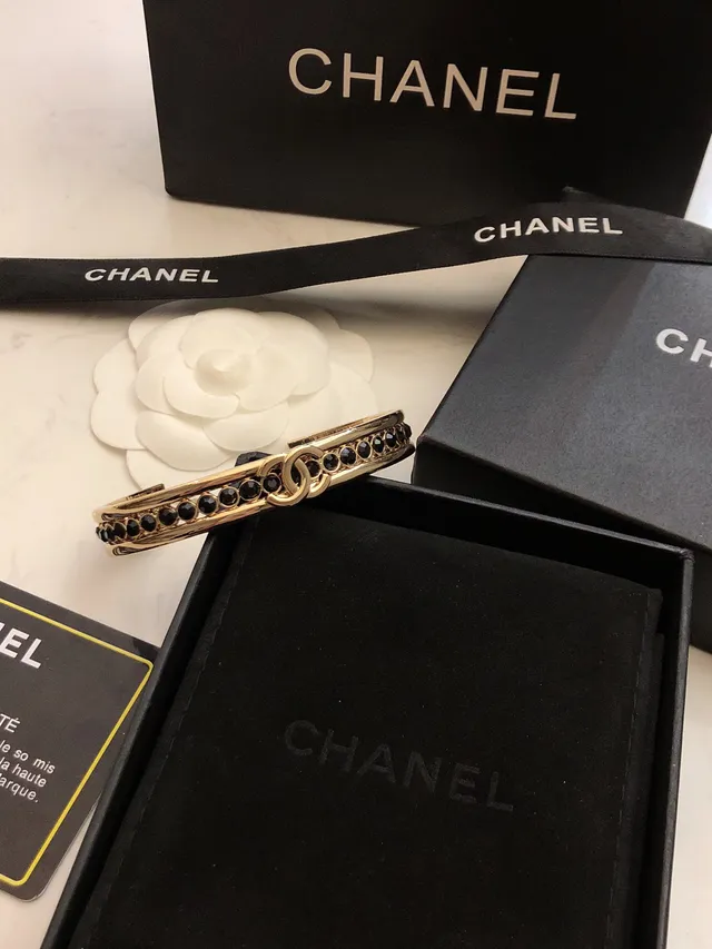 Chanel CC Bracelet Gold Black Rigid Cuff Pavé Crystal Band Bracelet 9