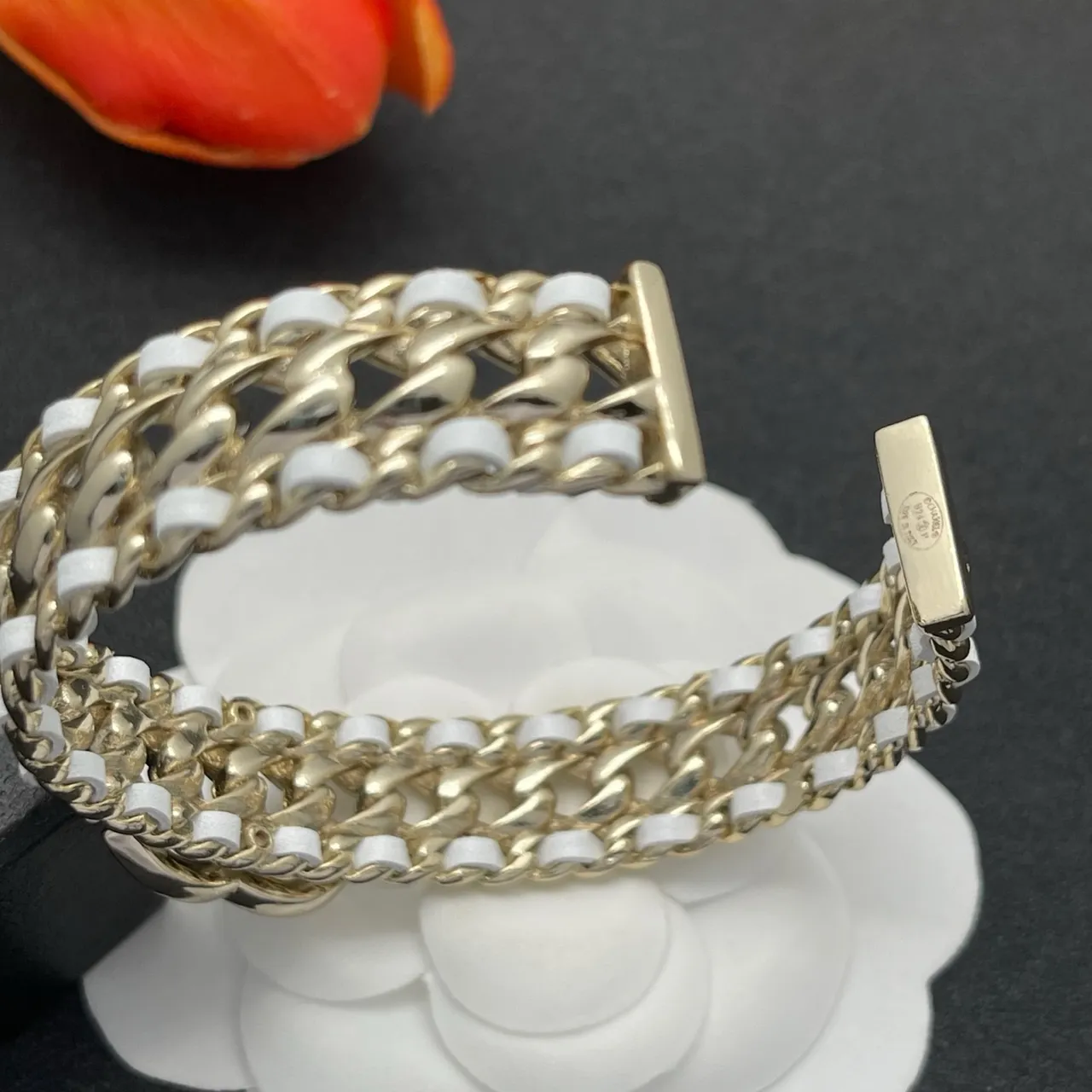 Chanel CC Bracelet Gold White Curb-Link Chain Resin Inserts Bracelet 3