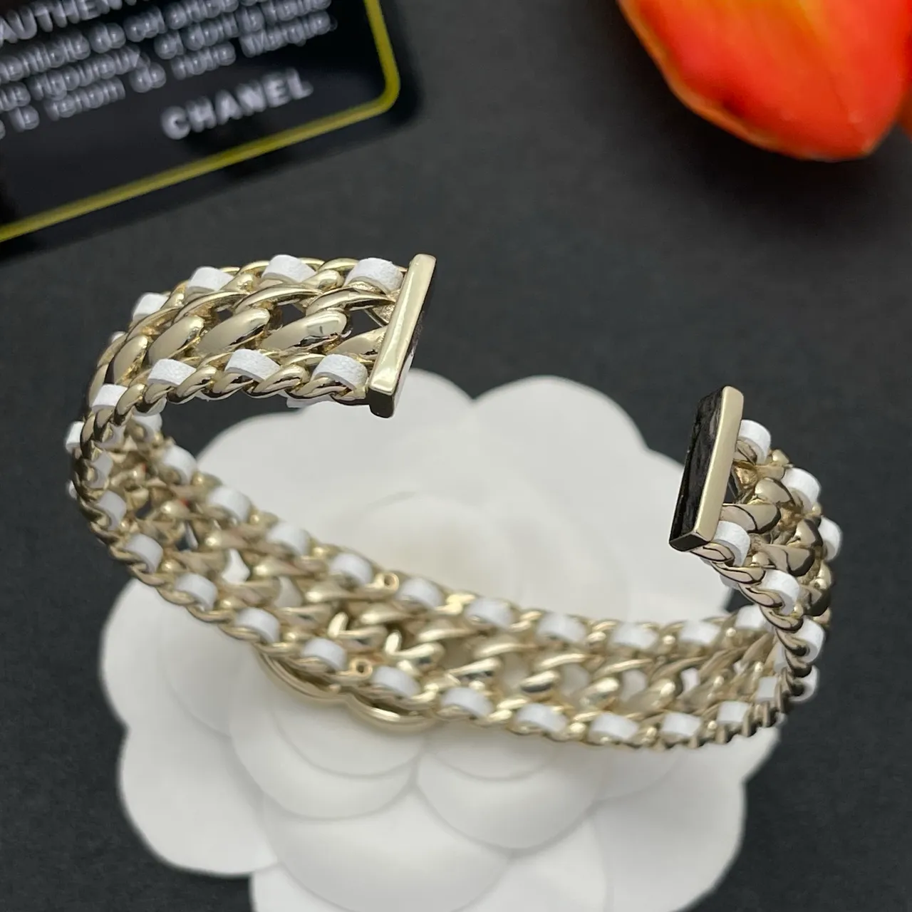 Chanel CC Bracelet Gold White Curb-Link Chain Resin Inserts Bracelet 4