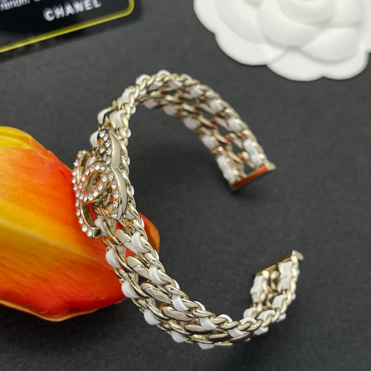 Chanel CC Bracelet Gold White Curb-Link Chain Resin Inserts Bracelet 5