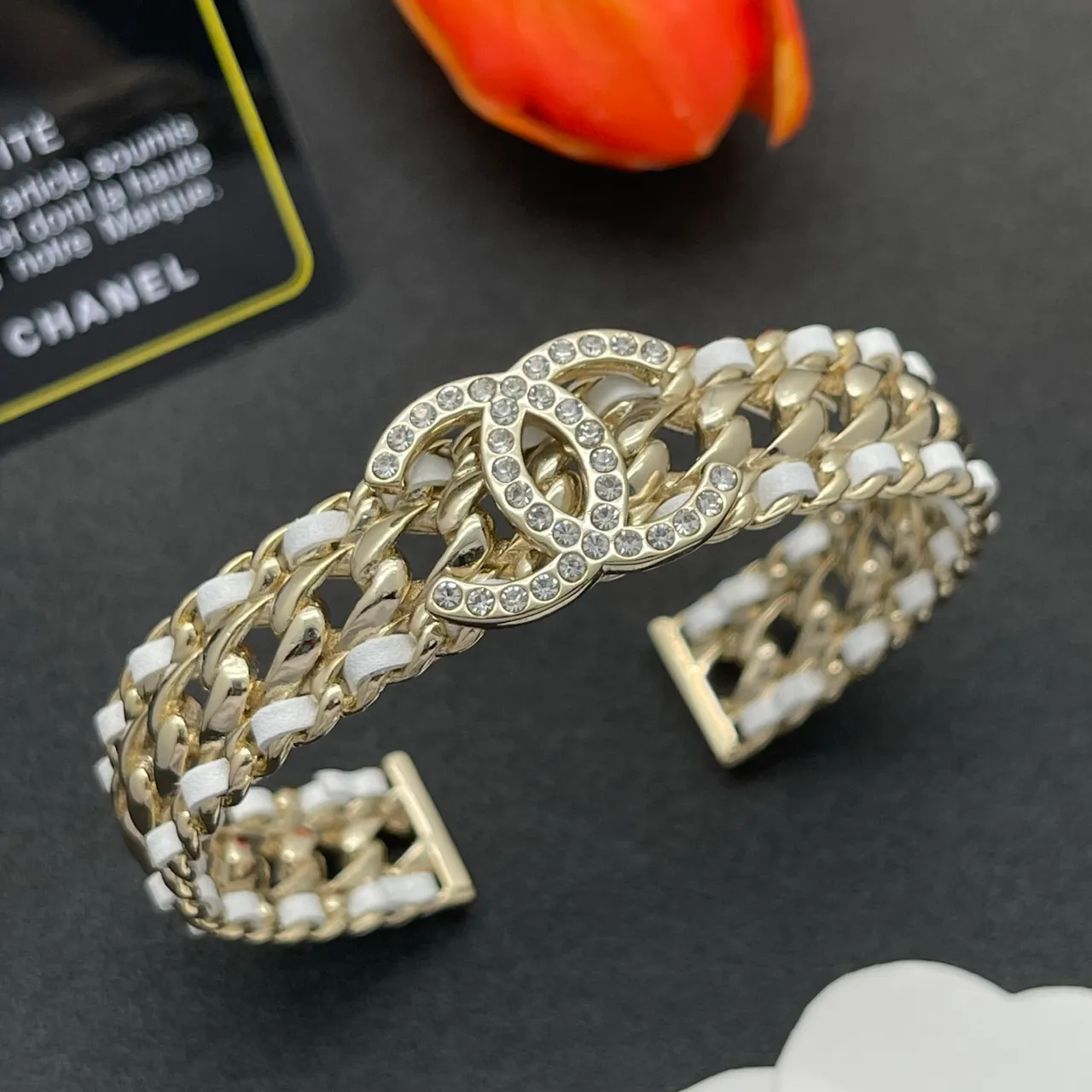 Chanel CC Bracelet Gold White Curb-Link Chain Resin Inserts Bracelet 8