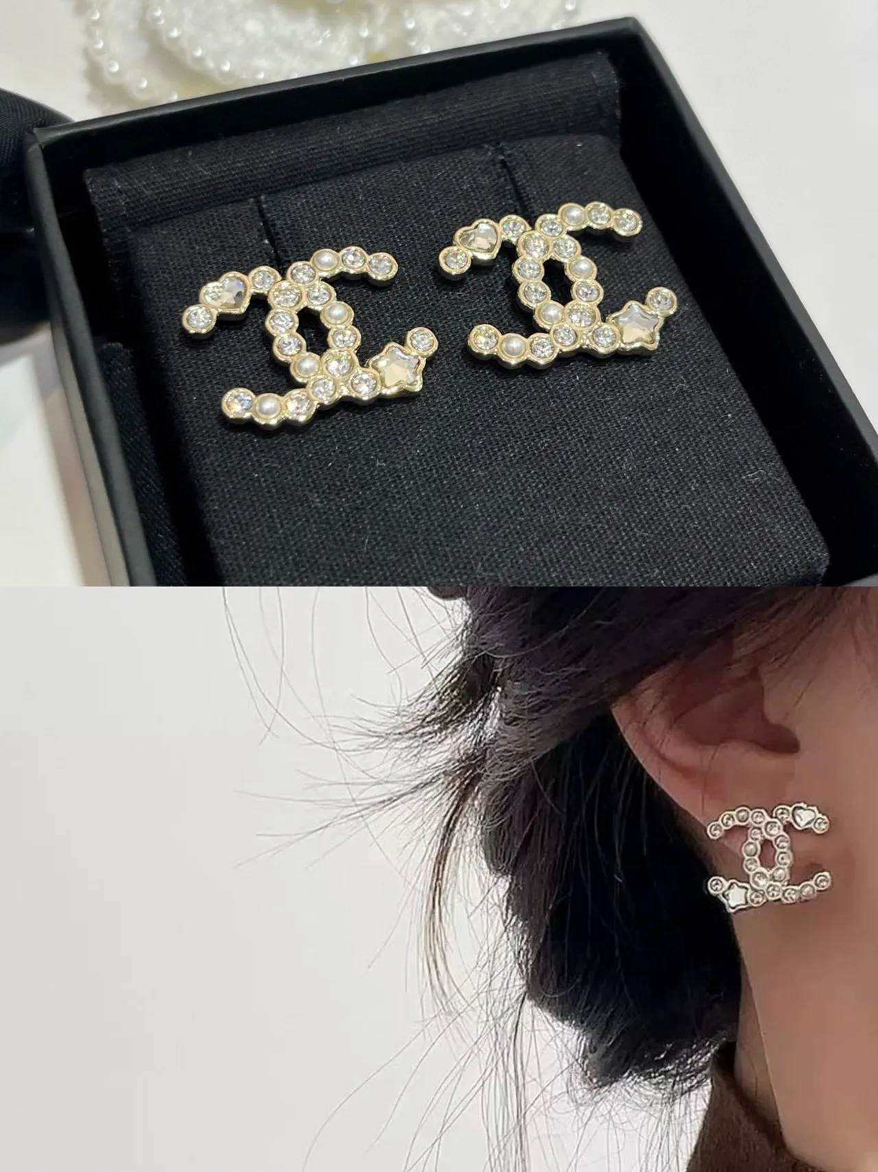 Chanel CC Crystal and Pearl Stud Earrings 2