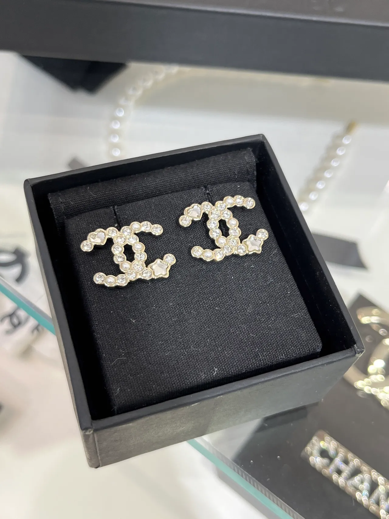 Chanel CC Crystal and Pearl Stud Earrings 8