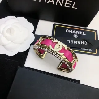 Chanel CC Cuff Pink Leather and Gold-Tone Crystal Bracelet