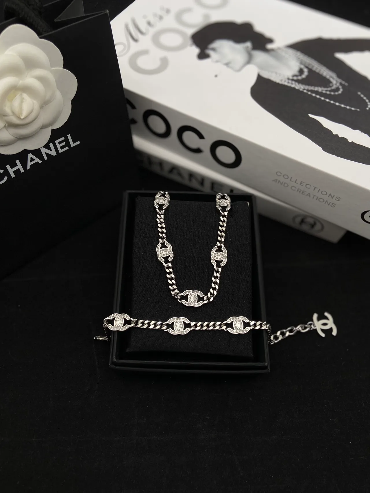 Chanel CC Link Silver Gold Interlocking Logo Links Pave Crystal Detailing Necklace 9