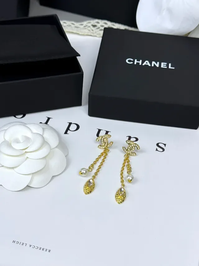 Chanel CC Logo Gold-Tone Pearl and Crystal Drop Earrings 2