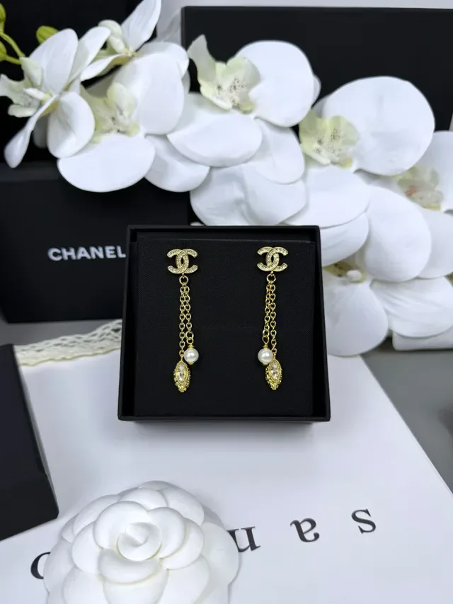 Chanel CC Logo Gold-Tone Pearl and Crystal Drop Earrings 6