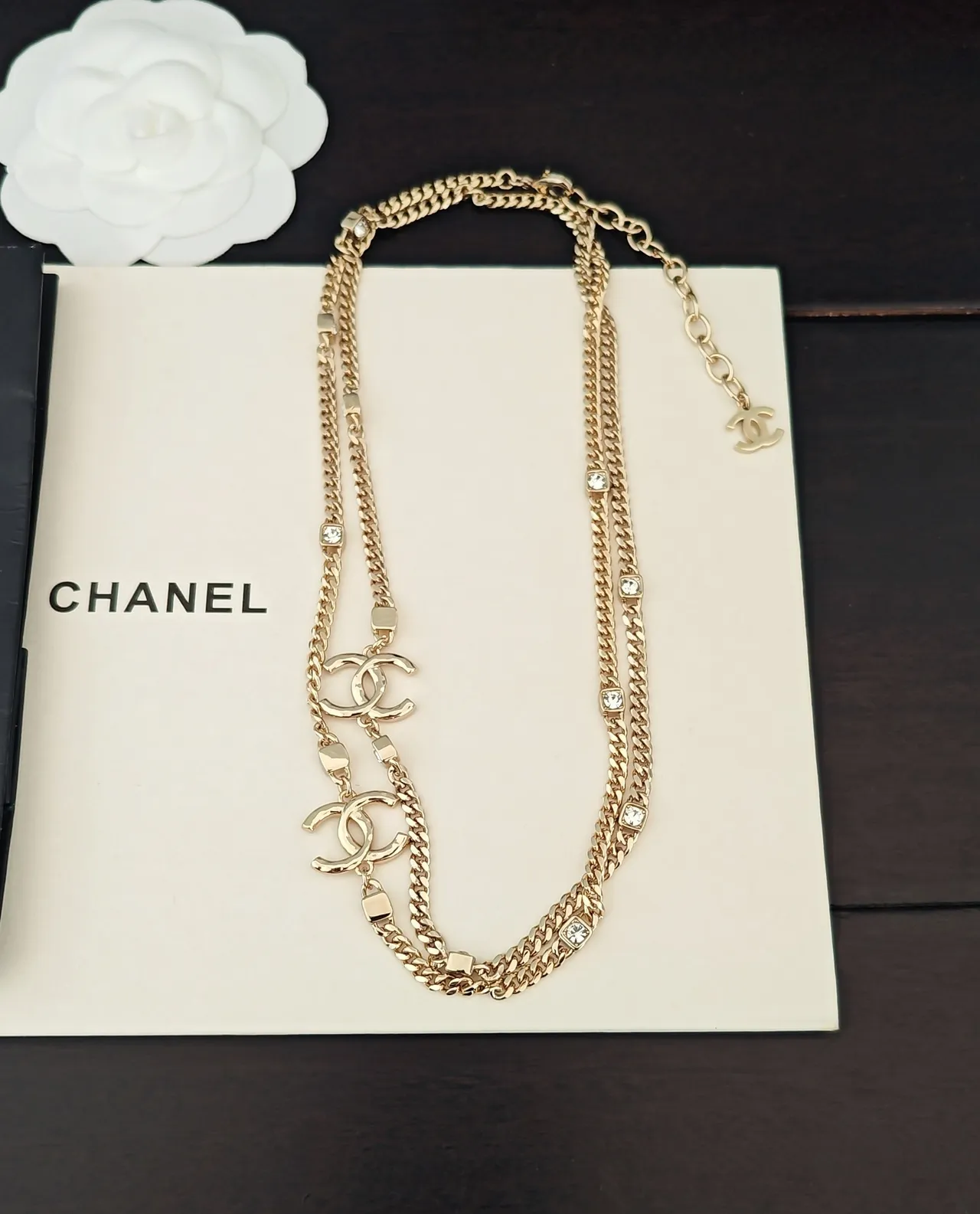 Chanel CC Logo Necklace Or Argent Chaîne Curb Cristal-Embellished Collier 6