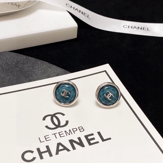 Chanel CC Logo Stud Blue Silver Circular Enamel Face Earrings 2