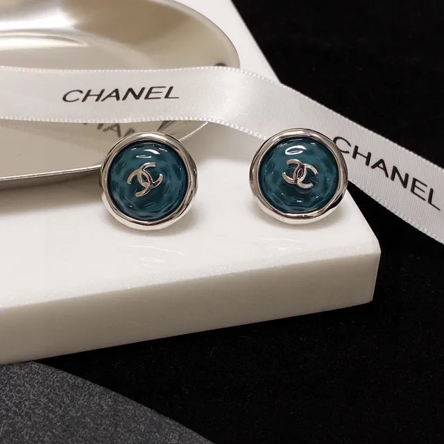Chanel CC Logo Stud Blue Silver Circular Enamel Face Earrings 4