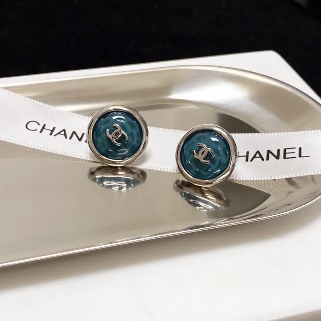 Chanel CC Logo Stud Blue Silver Circular Enamel Face Earrings 5