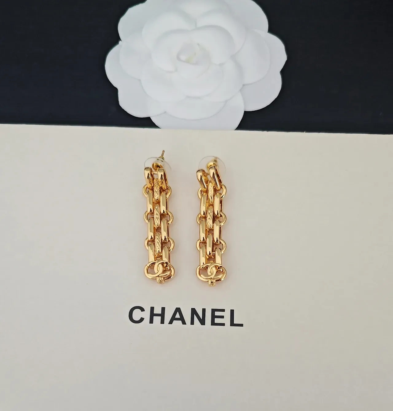 Chanel Chain-Link CC Logo Gold-Tone Dangling Earrings 2