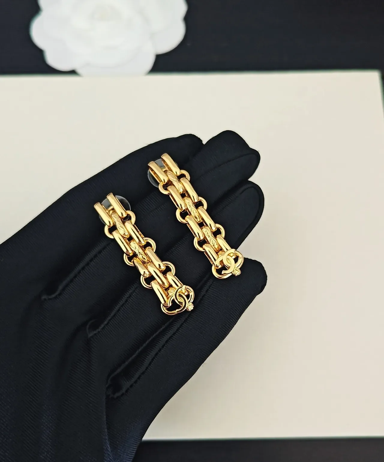 Chanel Chain-Link CC Logo Gold-Tone Dangling Earrings 4
