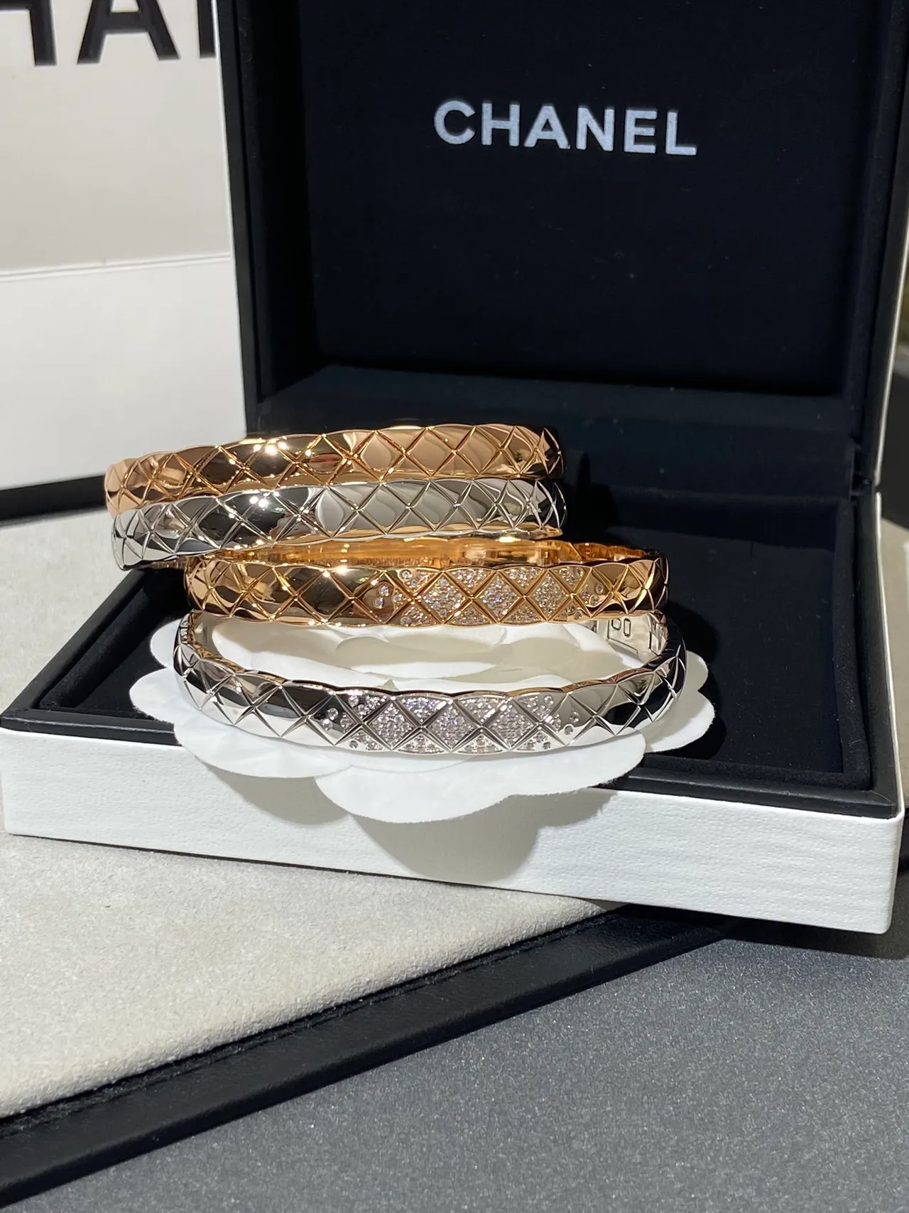 Chanel Coco Crush Gold Silver Quilted Matelassé Pavé Crystal Bracelet 2