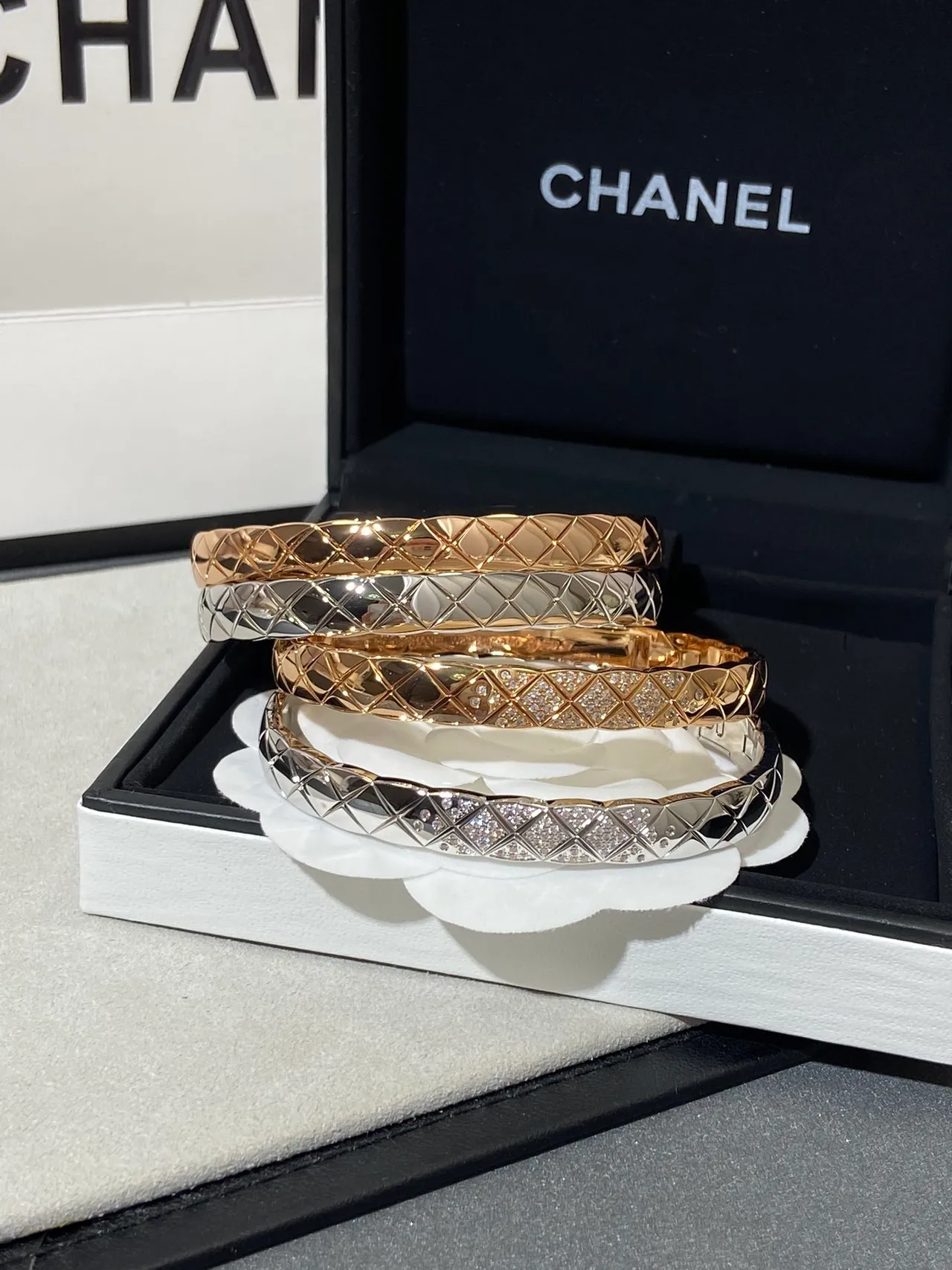 Chanel Coco Crush Gold Silver Quilted Matelassé Pavé Crystal Bracelet 3