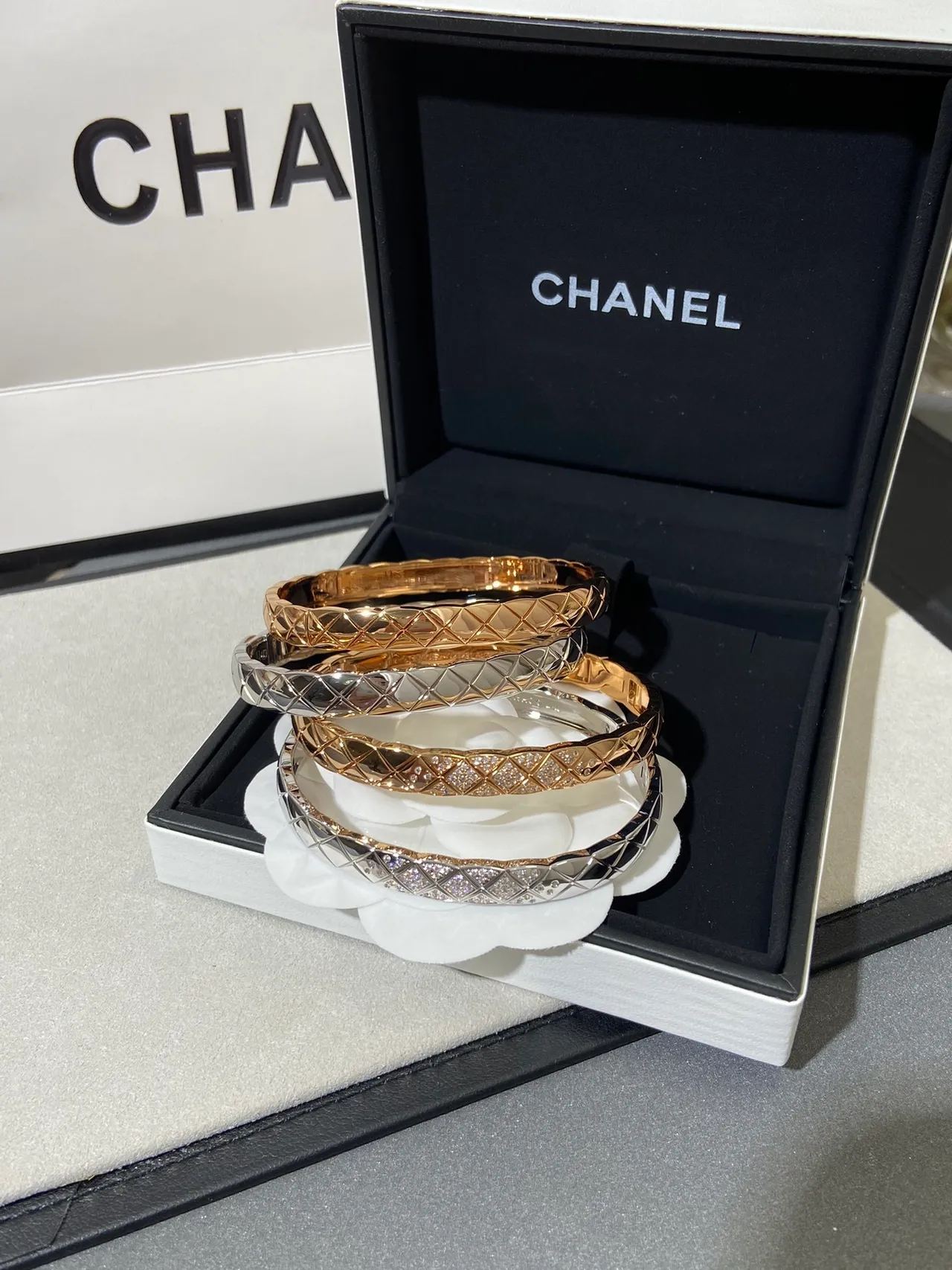 Chanel Coco Crush Gold Silver Quilted Matelassé Pavé Crystal Bracelet 4