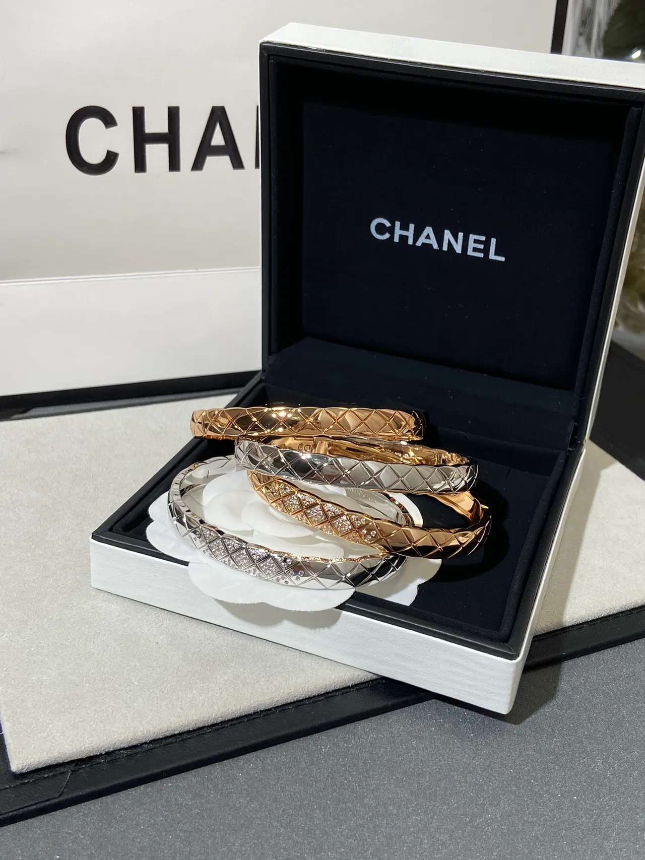 Chanel Coco Crush Gold Silver Quilted Matelassé Pavé Crystal Bracelet 5