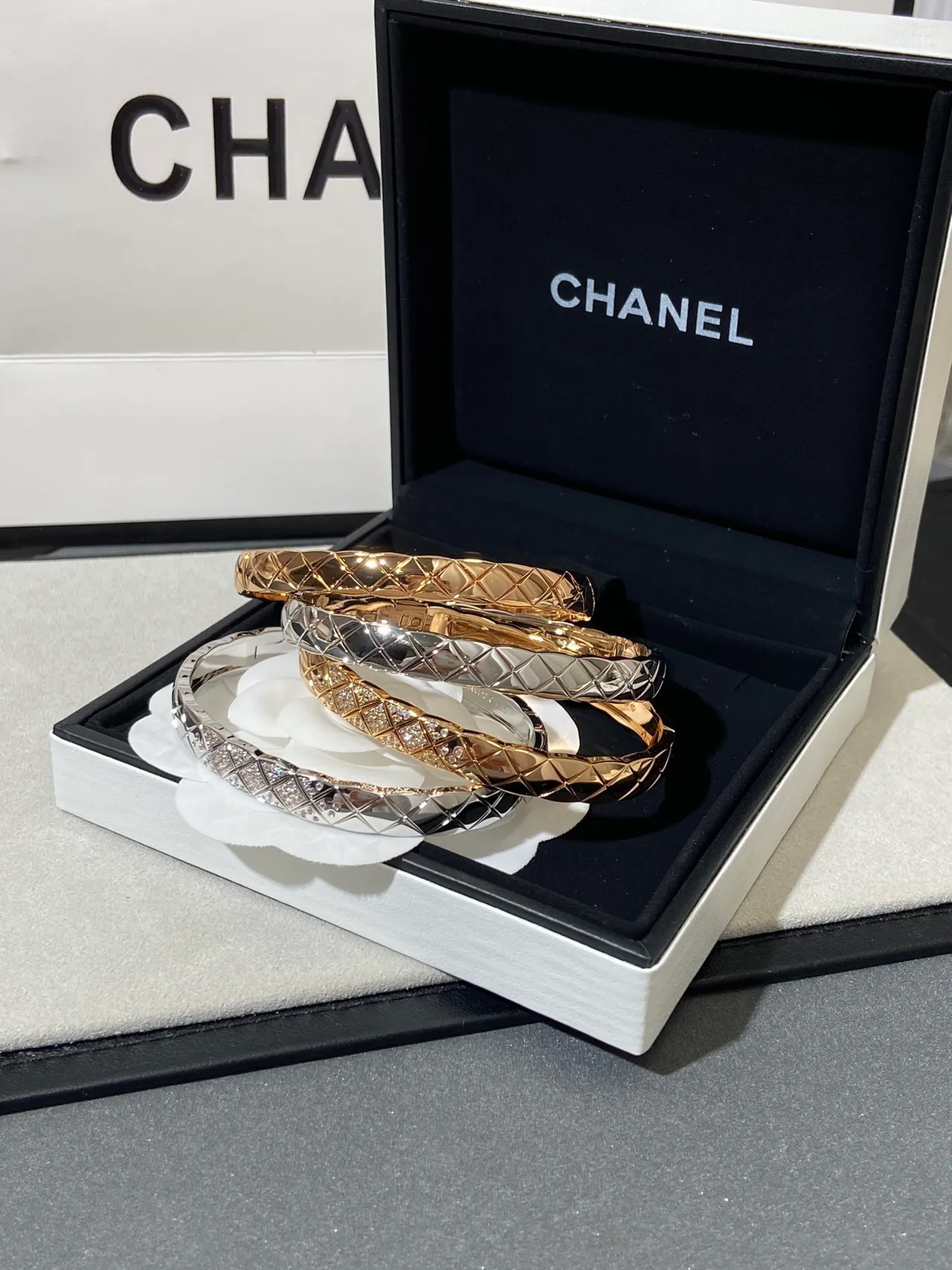 Chanel Coco Crush Gold Silver Quilted Matelassé Pavé Crystal Bracelet 6