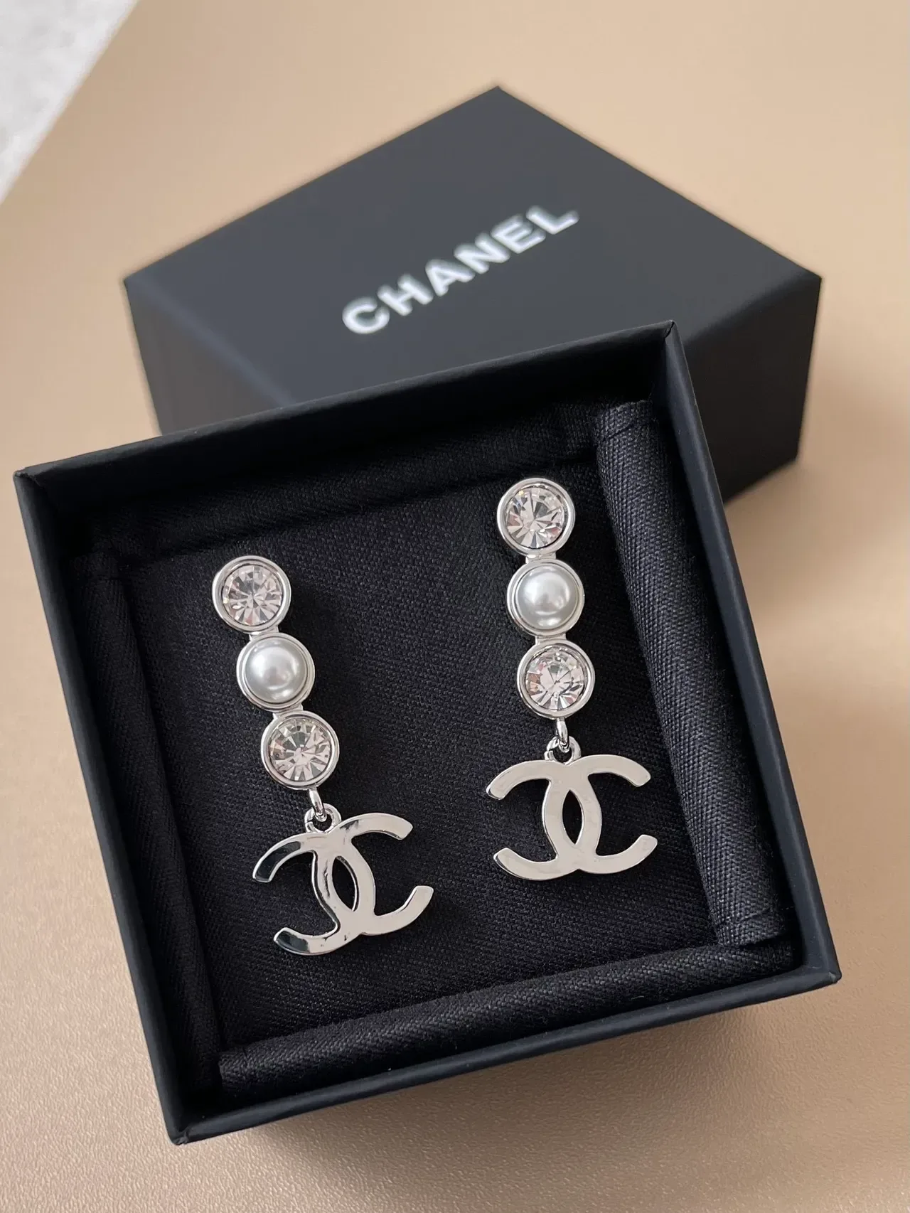 Chanel Dangling CC Logo Pearl and Crystal Earrings 5