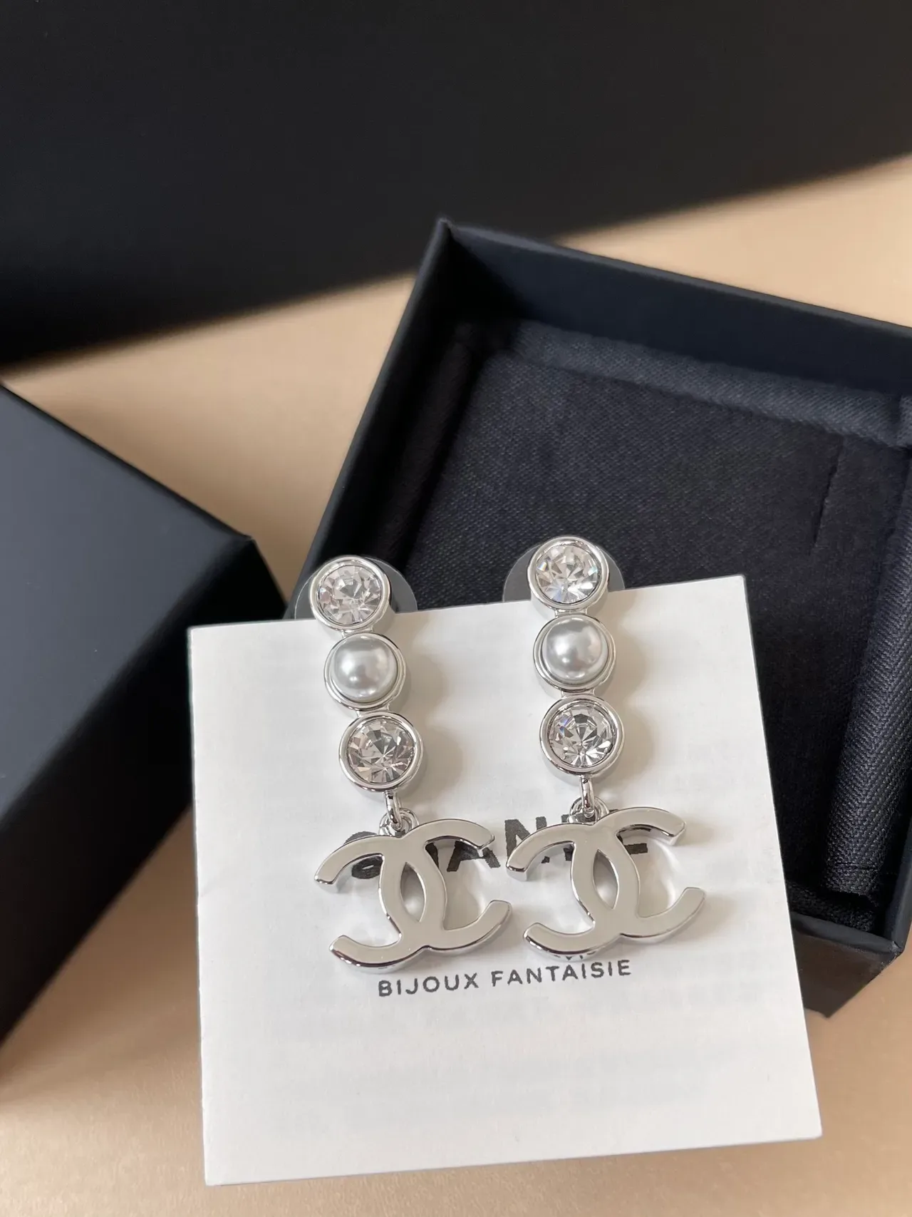 Chanel Dangling CC Logo Pearl and Crystal Earrings 6