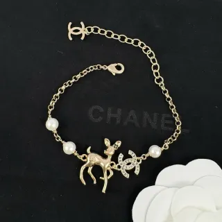 Chanel Deer Charm Gold White Chain Pearl Accents Bracelet