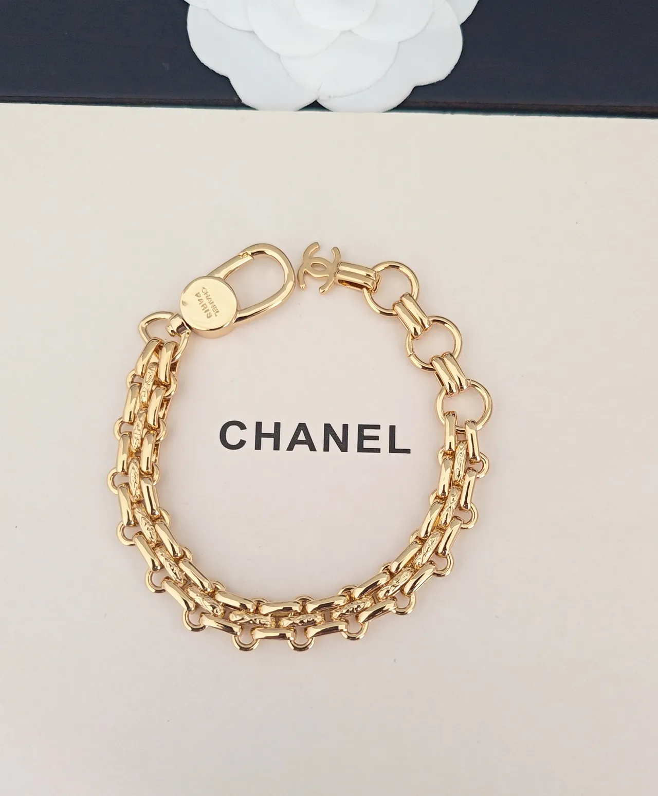 Chanel Double Chain Gold-Tone CC Turn-Lock Bracelet 4