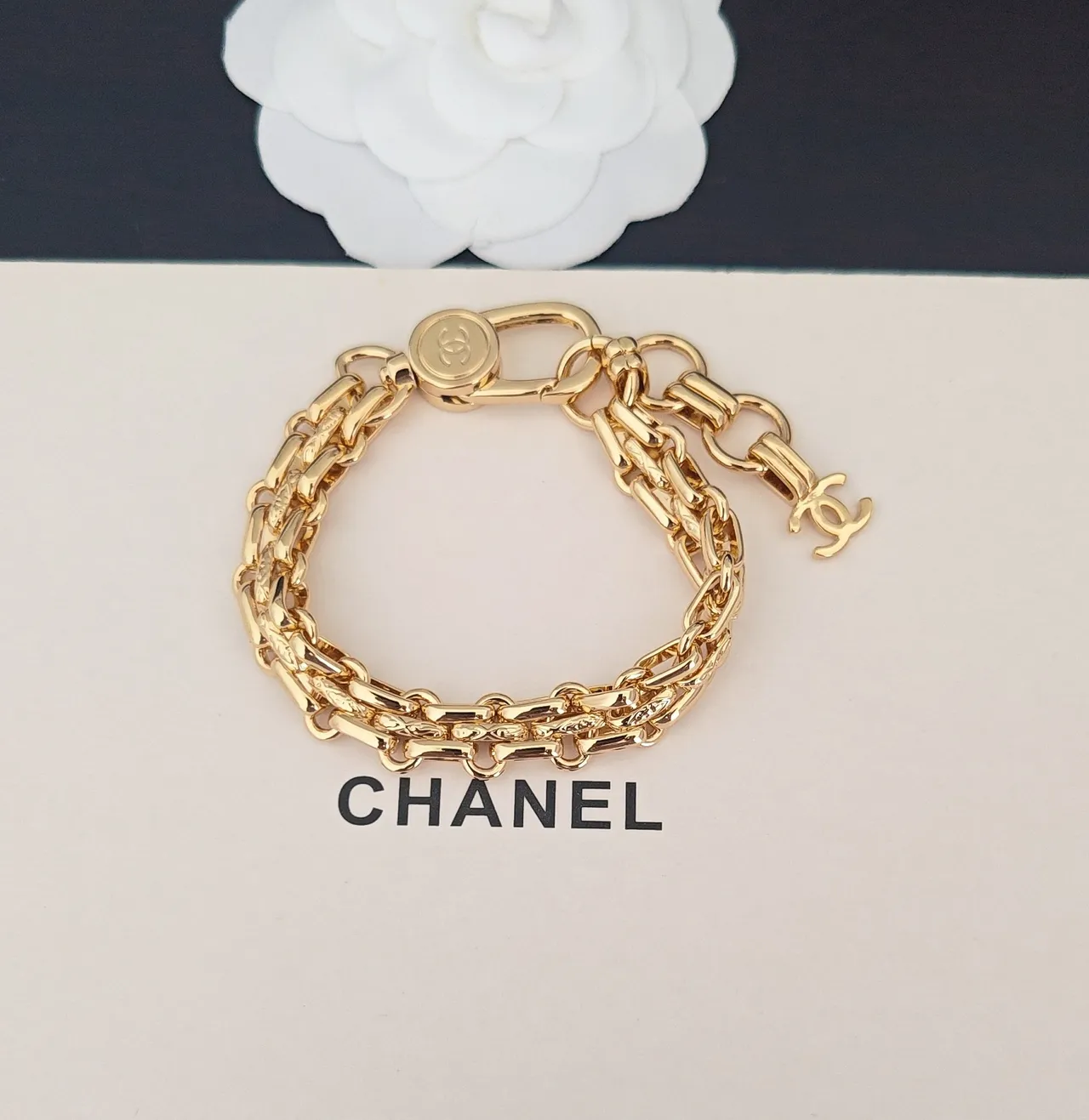 Chanel Double Chain Gold-Tone CC Turn-Lock Bracelet 2