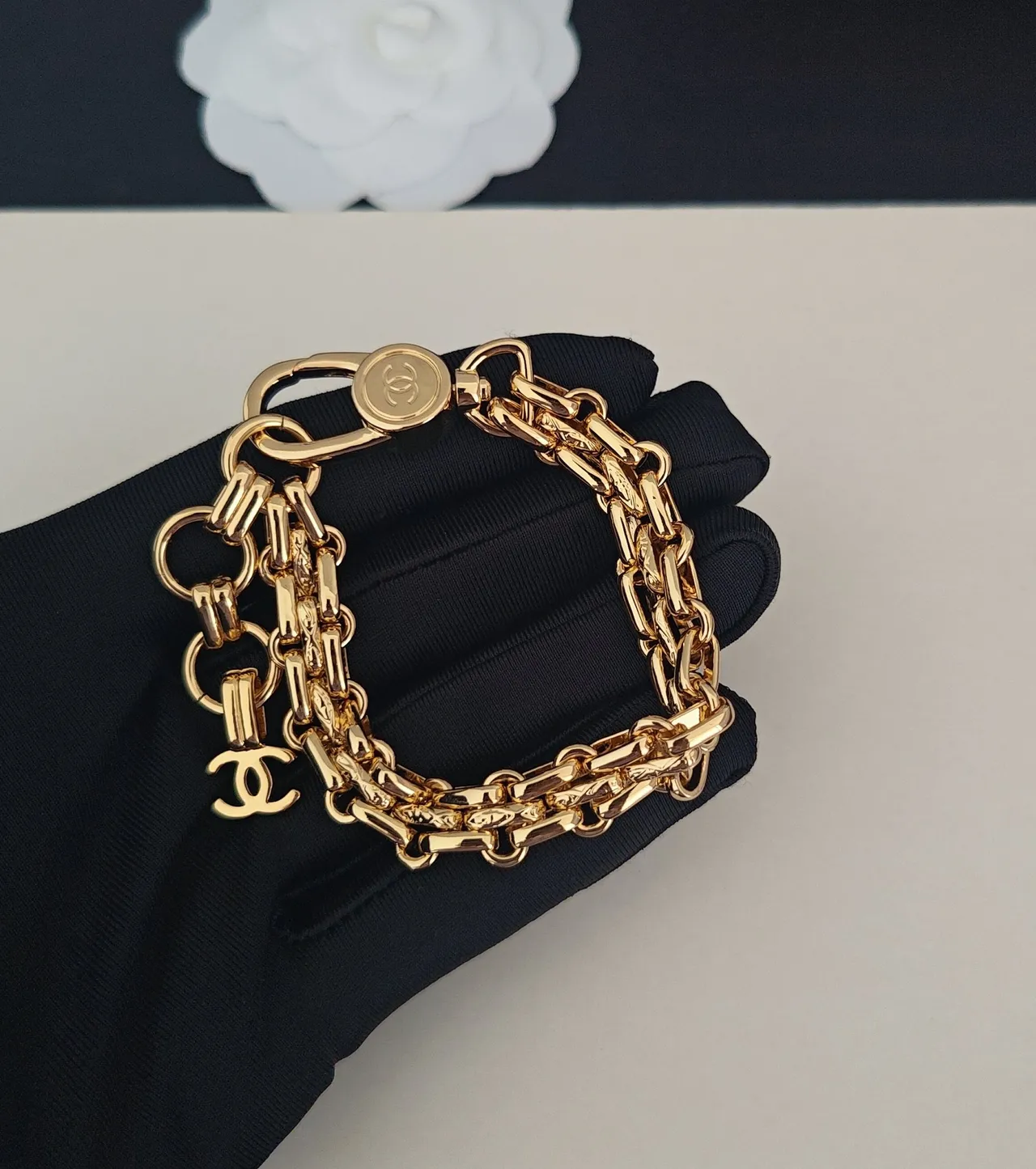 Chanel Double Chain Gold-Tone CC Turn-Lock Bracelet 3