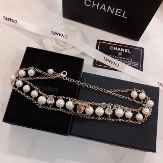 Chanel Double Chain Pearl Necklace White Gold Multi-Strand Necklace