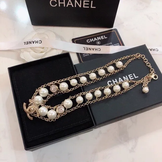 Chanel Collier Chaîne Double Perle Or Blanc Chaîne Múltiple 6