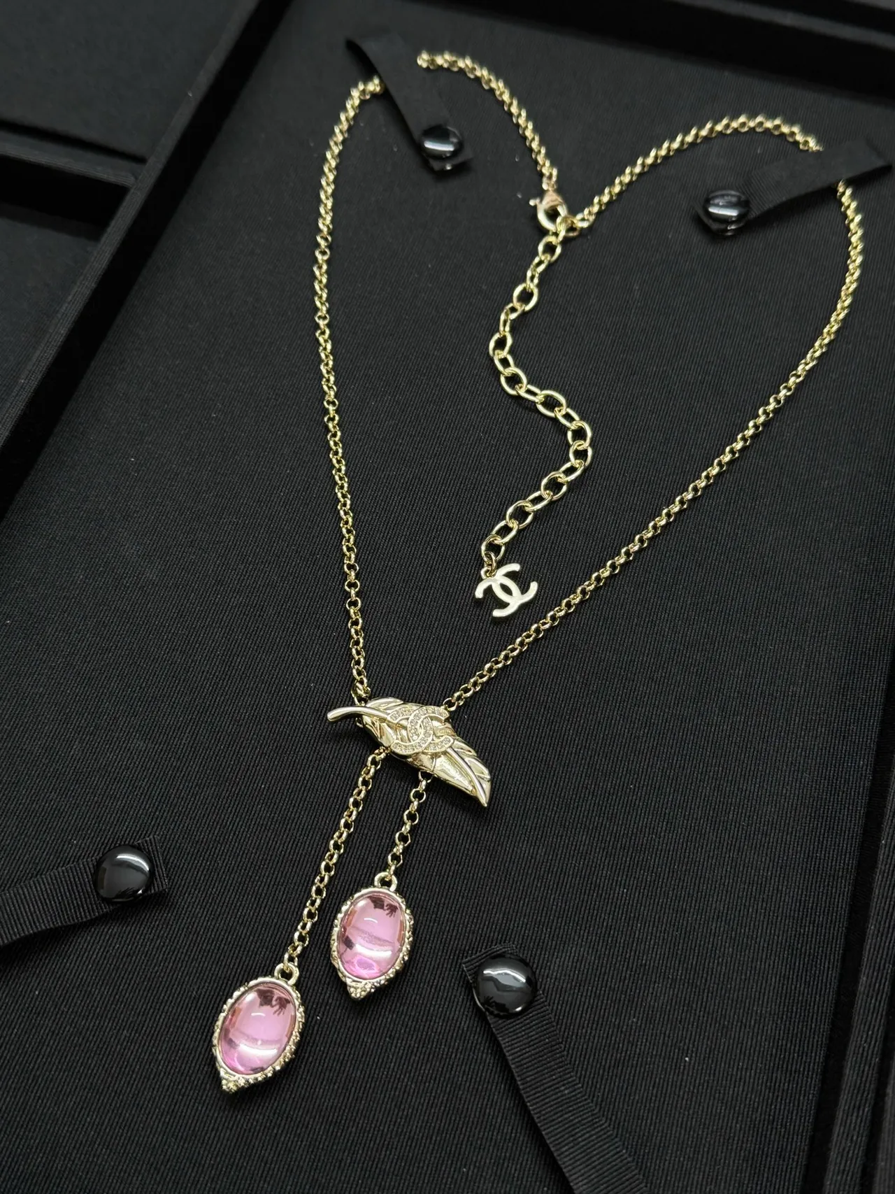 Chanel Feather Pendant Gold Pink Chain Necklace 2