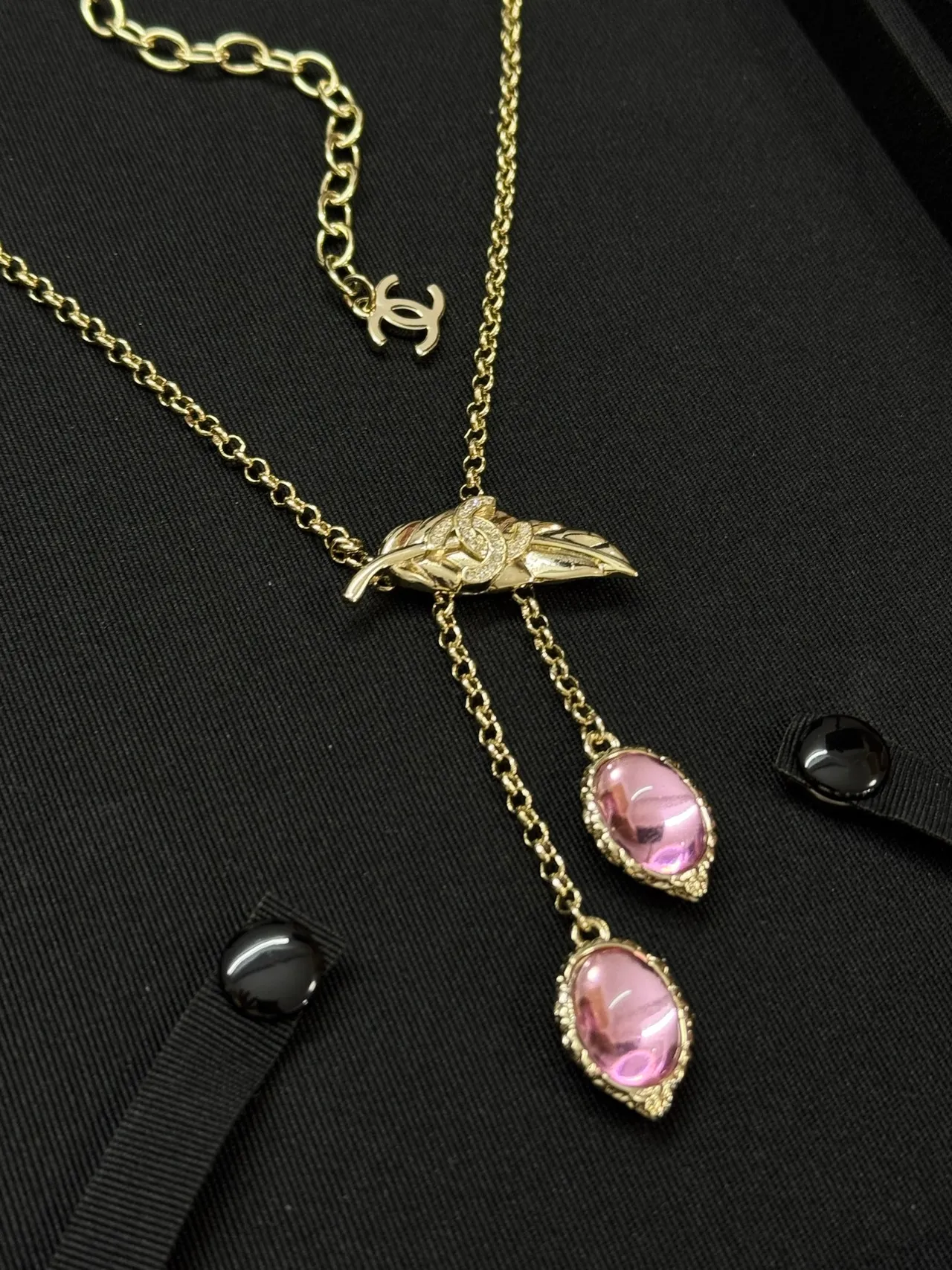 Chanel Feather Pendant Gold Pink Chain Necklace 3