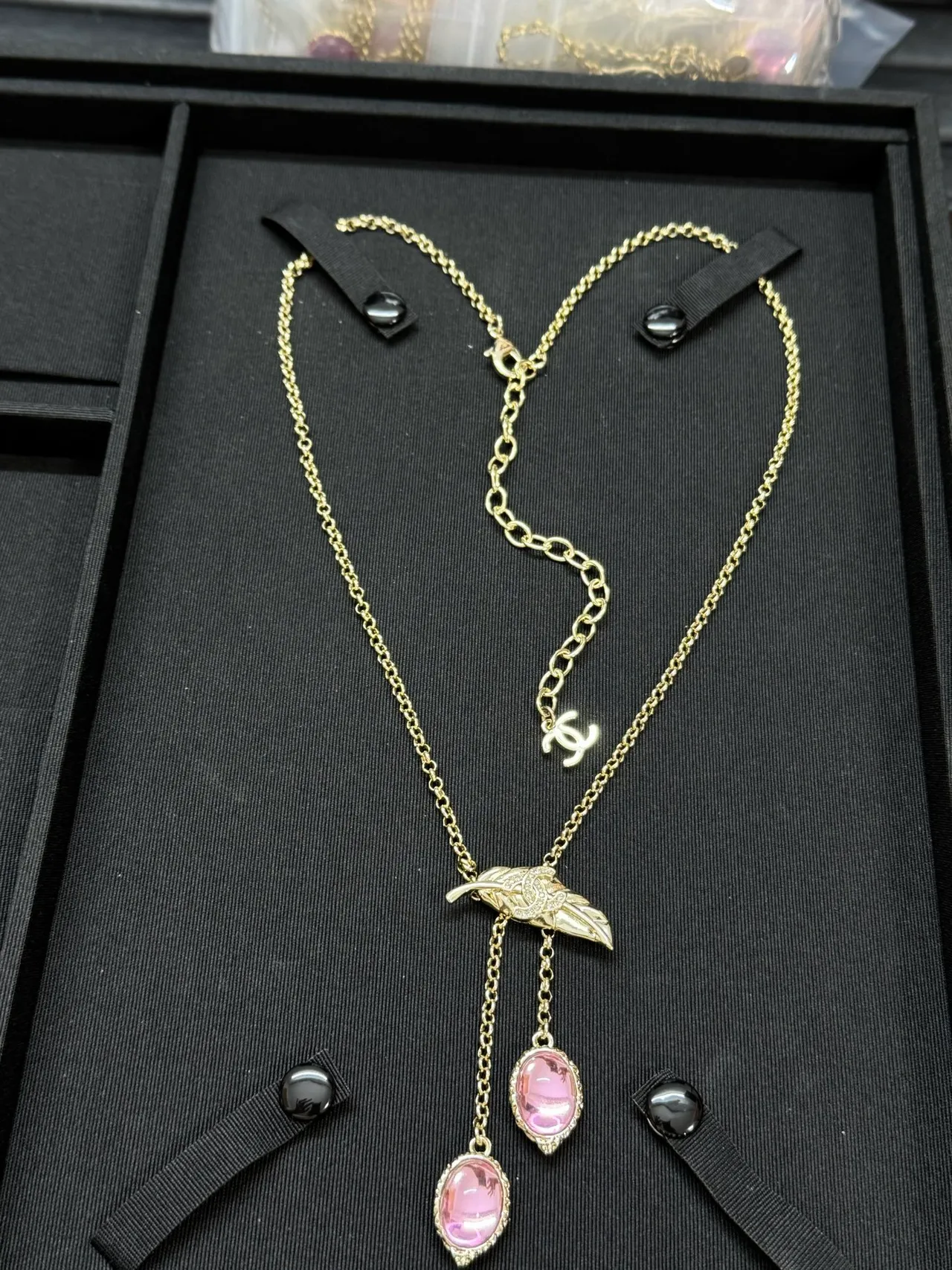 Chanel Feather Pendant Gold Pink Chain Necklace 4